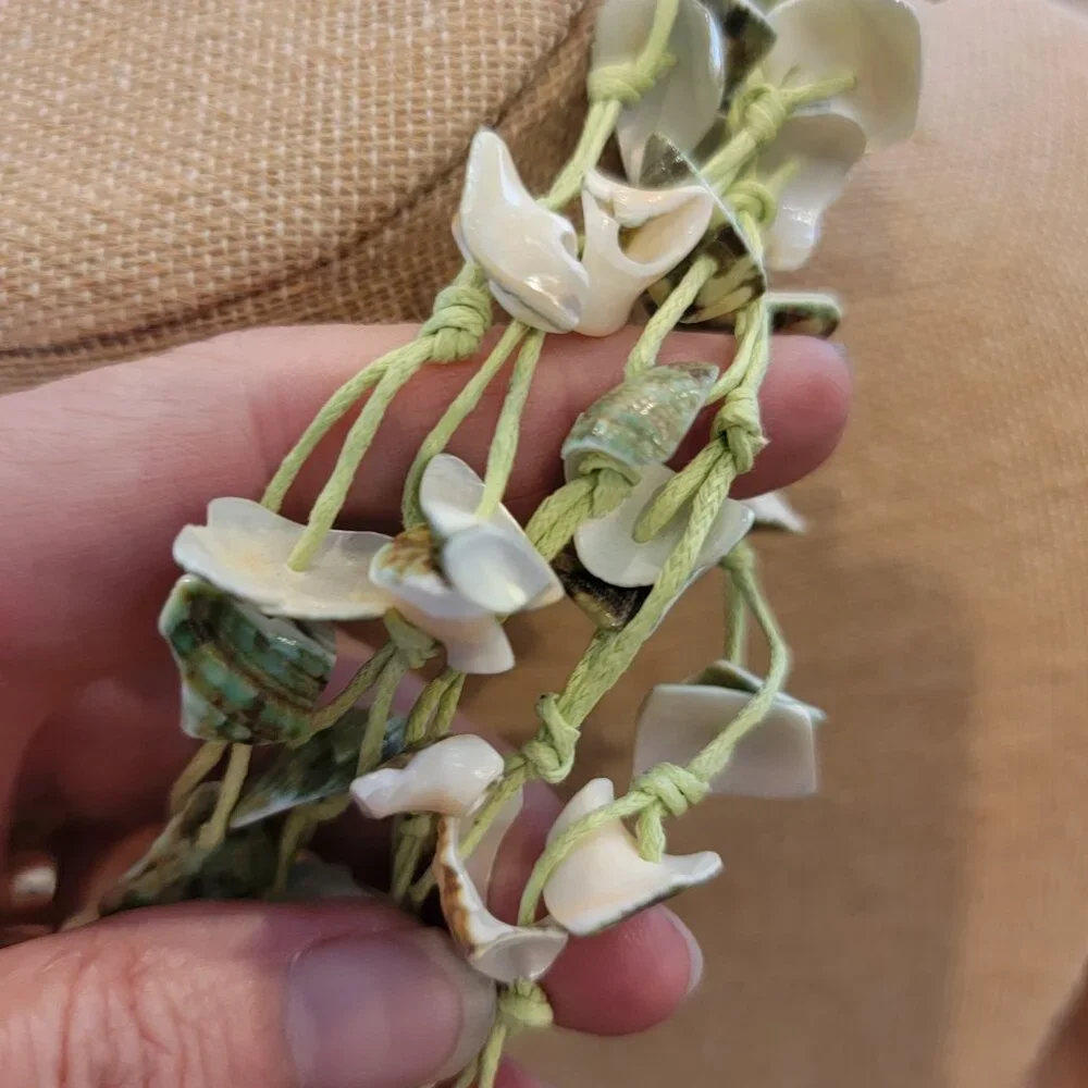 Green Shell & Cotton Multistrand Boho Necklace - Picture 8 of 11
